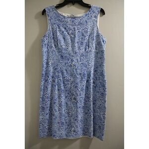 i(E Blue Floral Paisley Linen Blend Sleeveless Sheath Dress Cutout Back Size 12